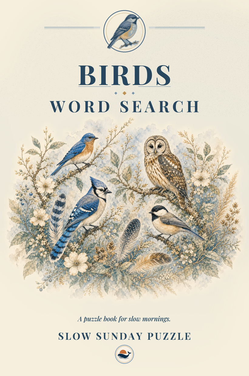 Birds Word Search cover — songbirds in soft watercolour over cream