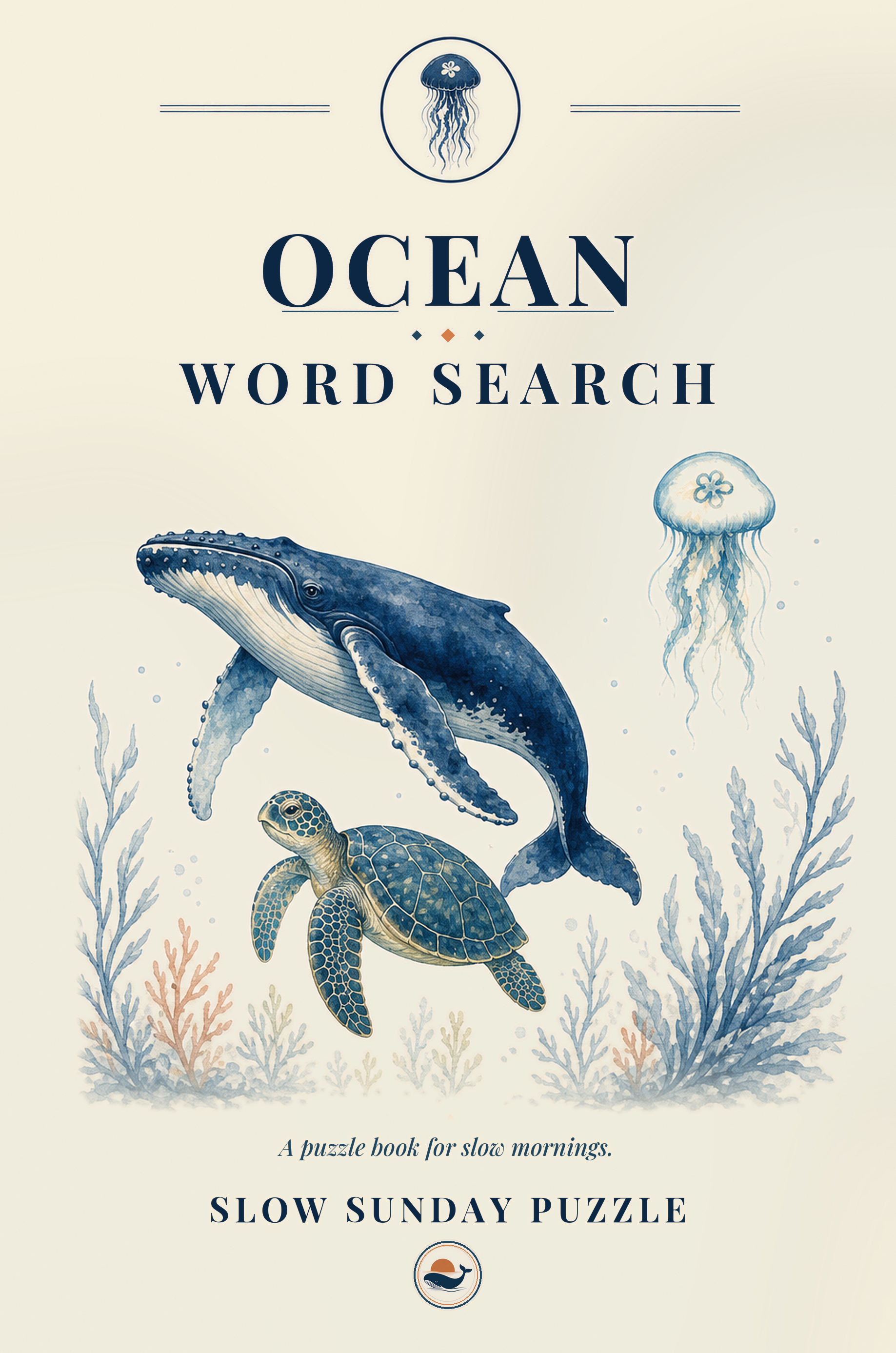 Ocean Word Search cover — a humpback whale, sea turtle and jellyfish in soft watercolour over cream
