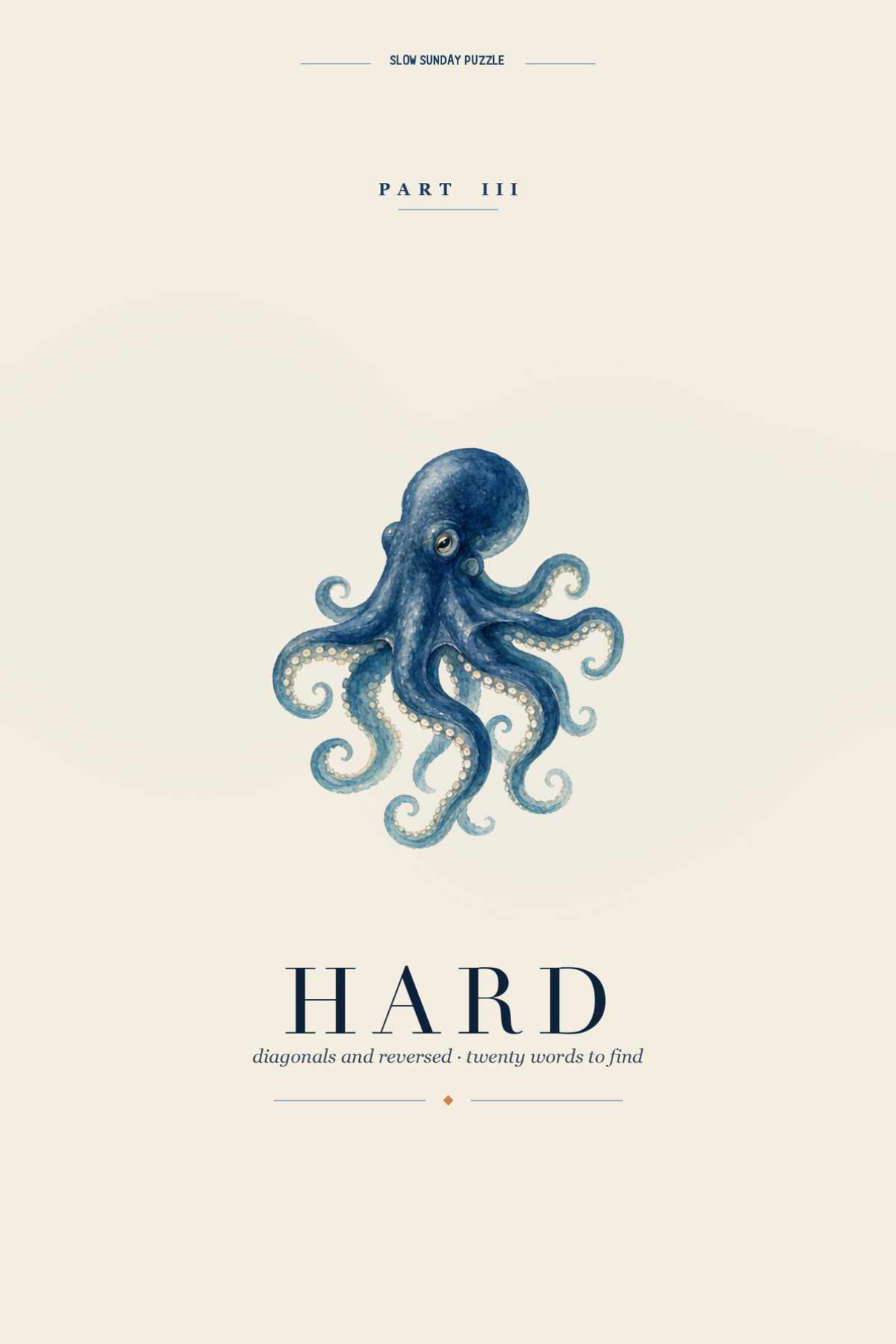 Inside Ocean Word Search — the Hard section opens with a watercolour octopus